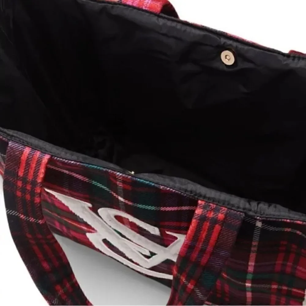 Victoria’s Secret Red Green Plaid Shearling Trim Holiday Winter Travel Tote Bag